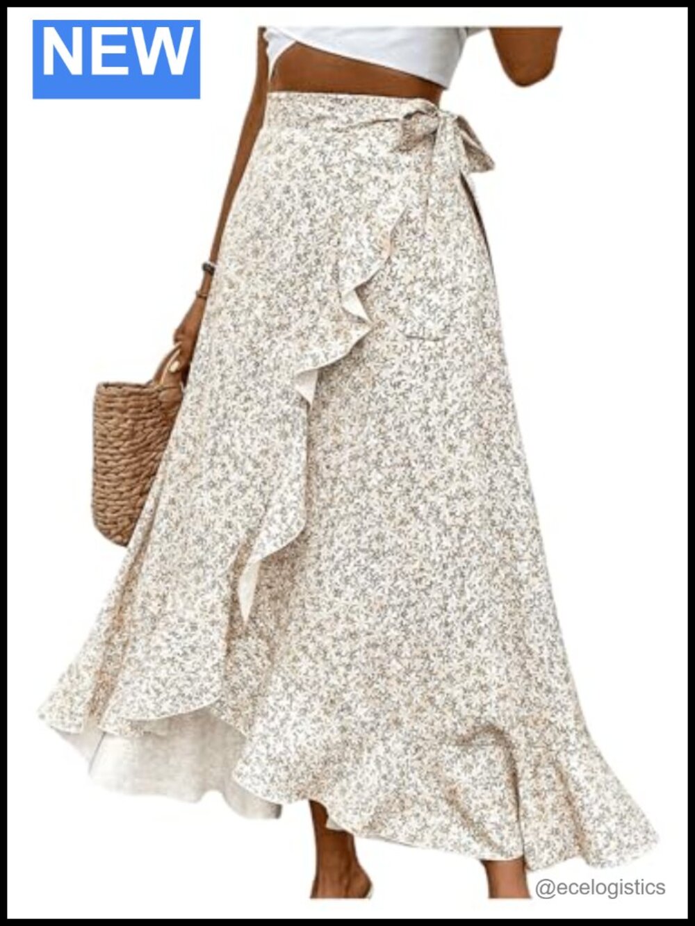 Flowy Ankle-Length Wrap Skirt with Floral Print and Ruffle Hem